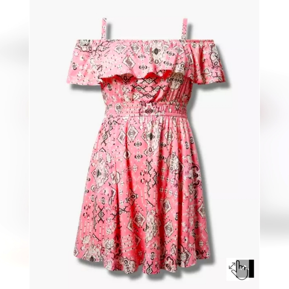 New Torrid 1X(14/16) Mini Washable Challis Cold Shoulder Skater Dress Pink NWT